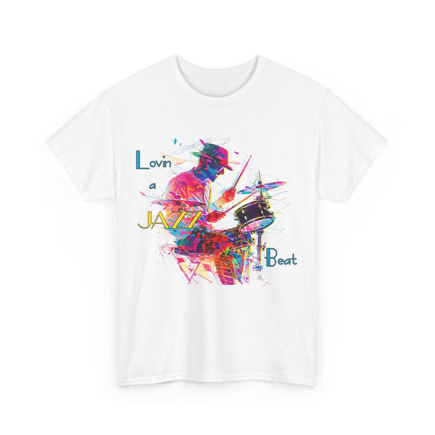 A black or white t shirt with an image of a jazz drummer in vibrant colors. The accompanying text states ‘Lovin a Jazz Beat’