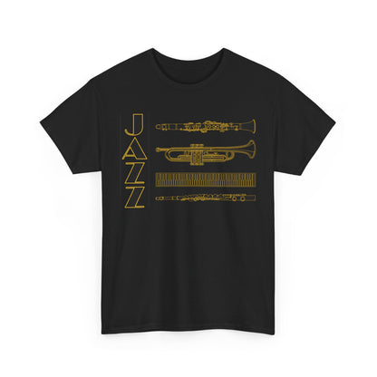 Jazz musical instruments t shirt in various colors with text saying ‘JAZZ’