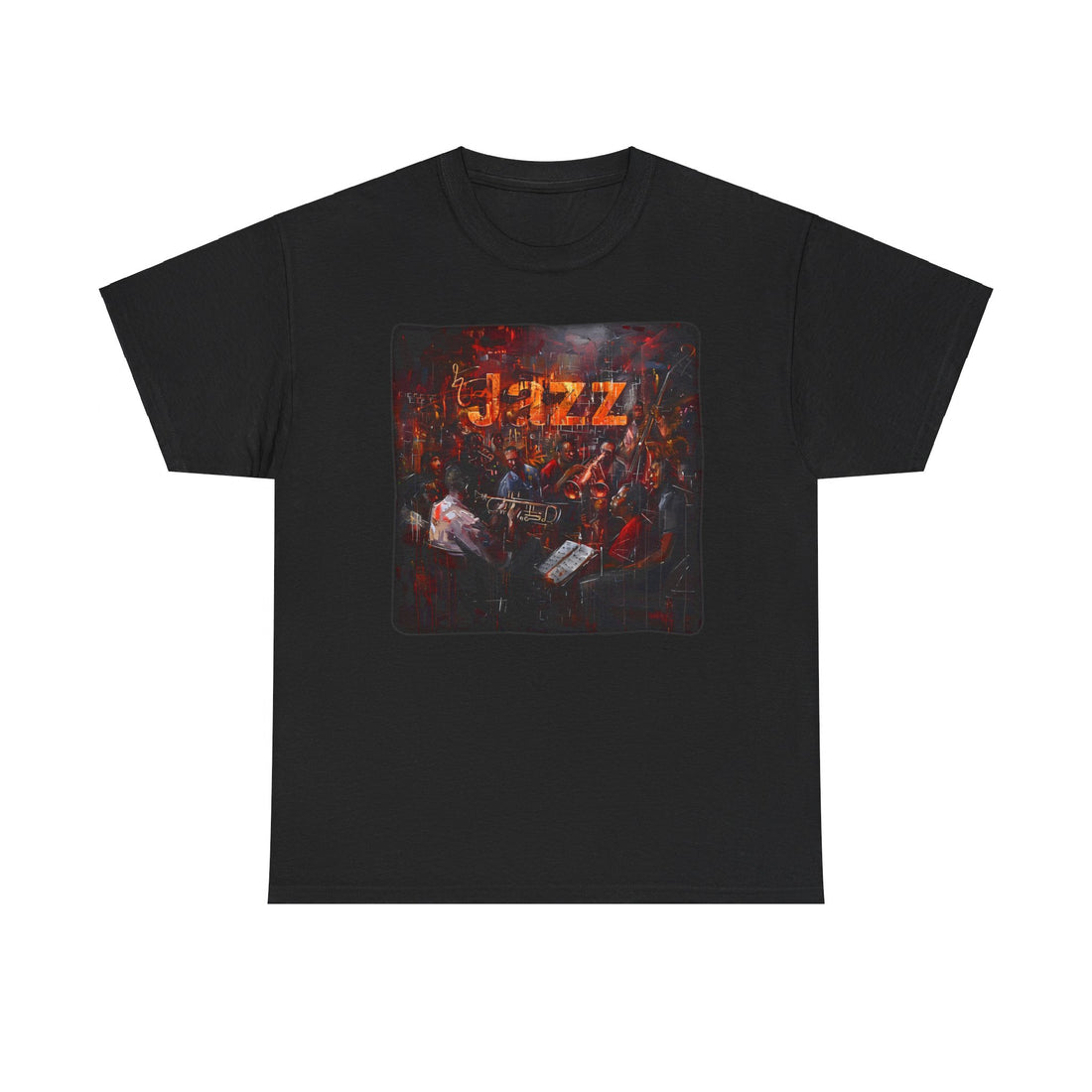 Black t shirt with an ensemble of black jazz musicians playing instruments. The word ‘Jazz’ is embossed into the image.