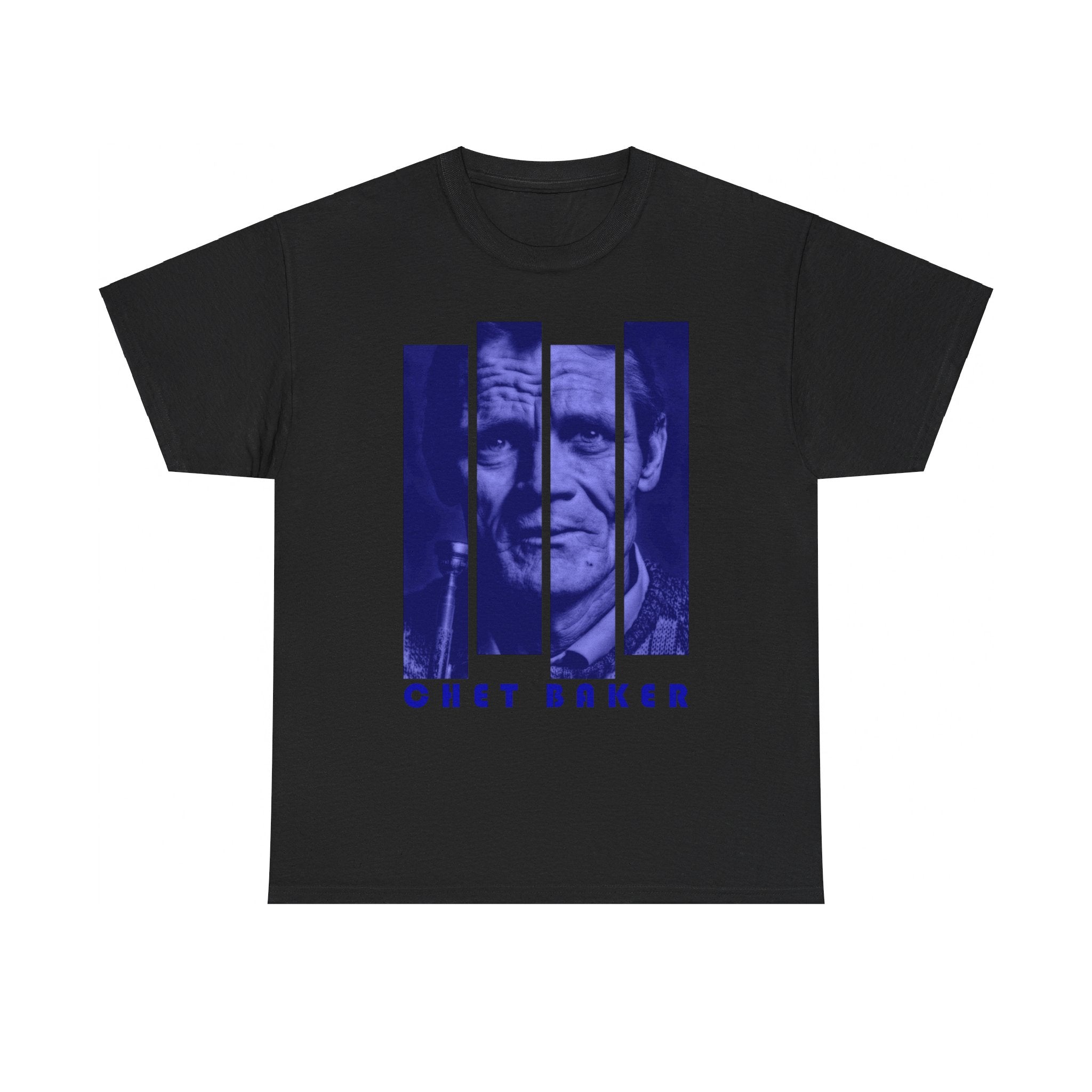 A black or white t shirt with a photographic image of Chet Baker in blue blocks with his name underneath