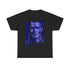 A black or white t shirt with a photographic image of Chet Baker in blue blocks with his name underneath