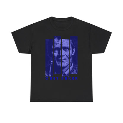 A black or white t shirt with a photographic image of Chet Baker in blue blocks with his name underneath