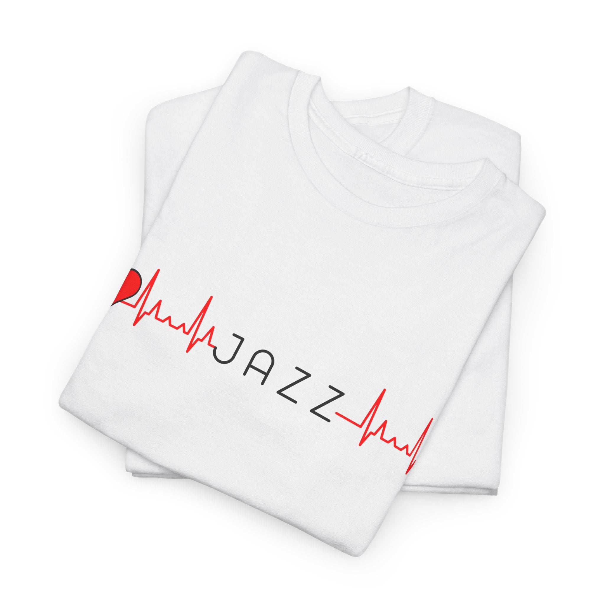 A white jazz inspired t shirt with a ‘Heartbeat Line’ design