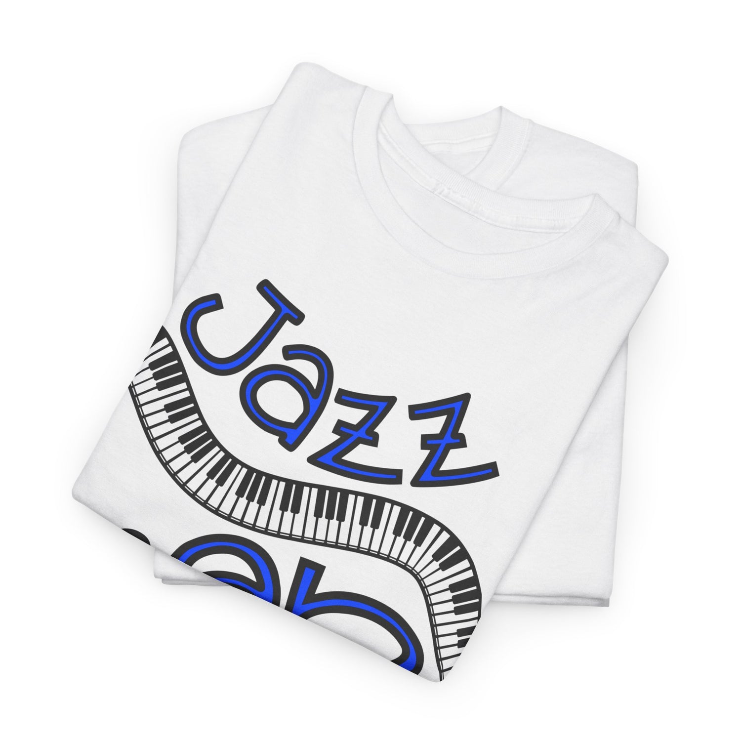 A white t shirt depicting a curved piano keyboard the surrounding text states ‘Jazz Piano’