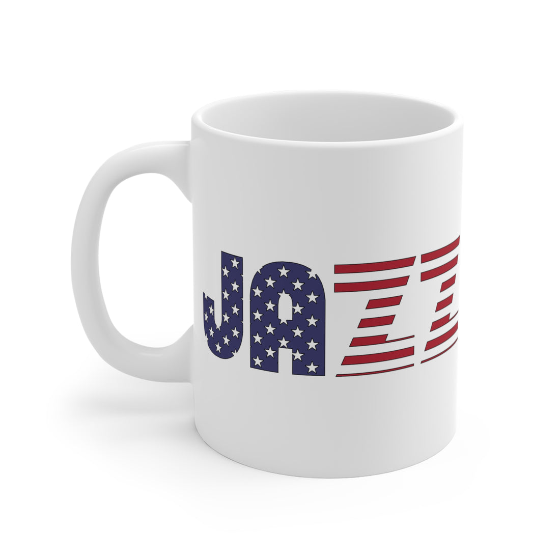 A white coffee mug with an American flag embossed into the word ‘JAZZ’ as the design image