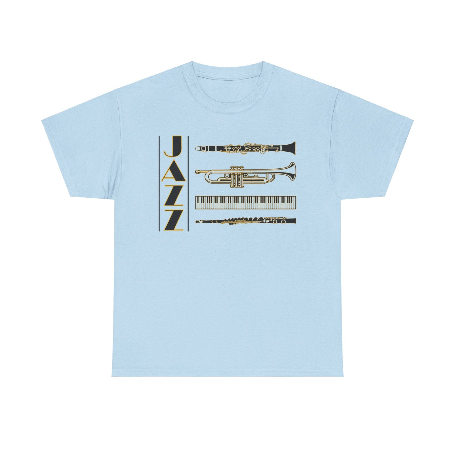 Jazz musical instruments t shirt in various colors with text saying ‘JAZZ’