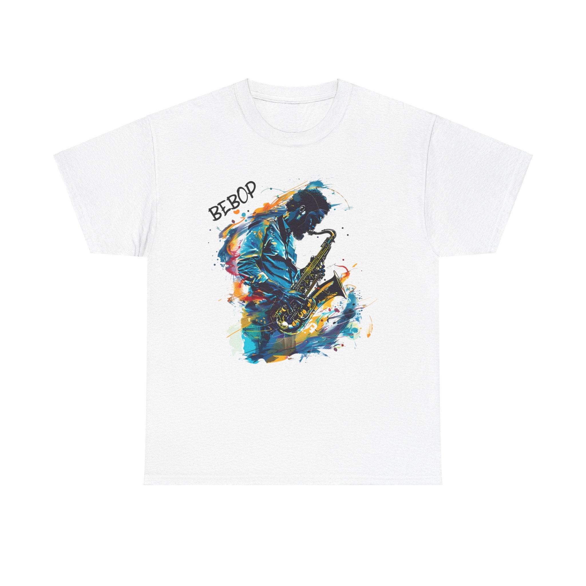 A white t shirt with a sax player image. The word ‘Bebop’ is incorporated into the image.