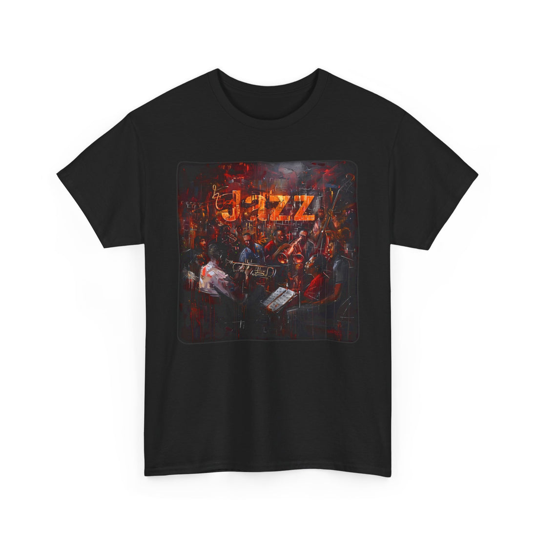 Black t shirt with an ensemble of black jazz musicians playing instruments. The word ‘Jazz’ is embossed into the image.