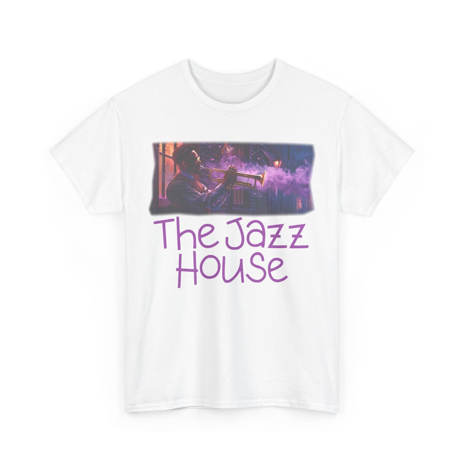 A t-shirt featuring ‘The Jazz House’ logo image of a trumpeter leaning against the wall of The Jazz House club playing, whilst purple smoke rises from his instrument. The scene is set in a dimly lit alley. The rear of the shirt has the website URL with the words ‘Jazz Clothing.’