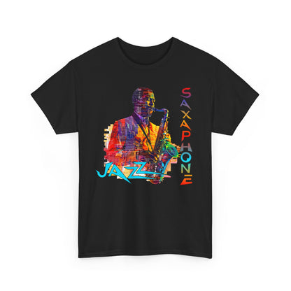 A black t shirt with a saxophone player image in multiple colors. The font is manipulated and says ‘Jazz Saxophone’