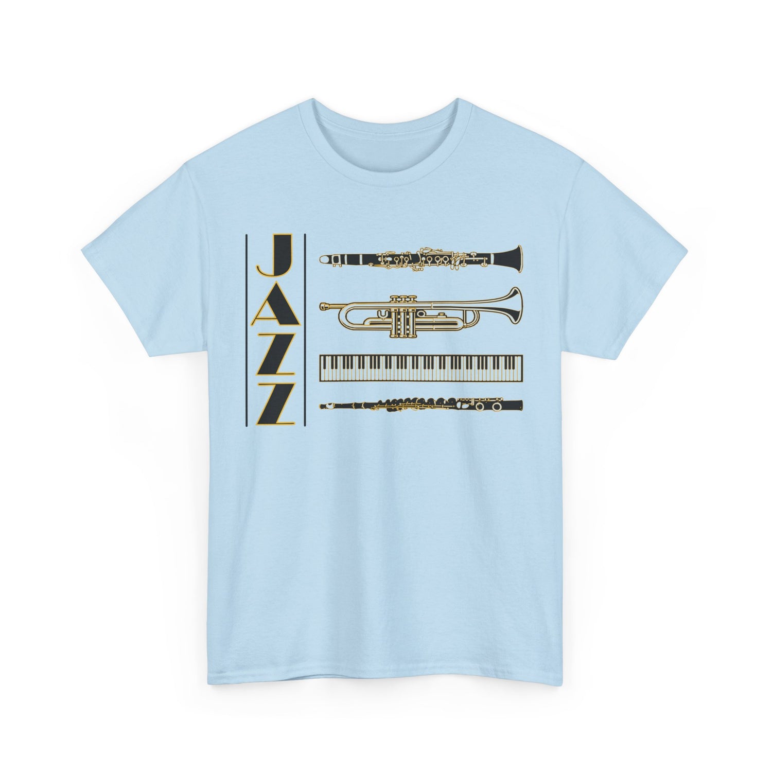 Jazz musical instruments t shirt in various colors with text saying ‘JAZZ’