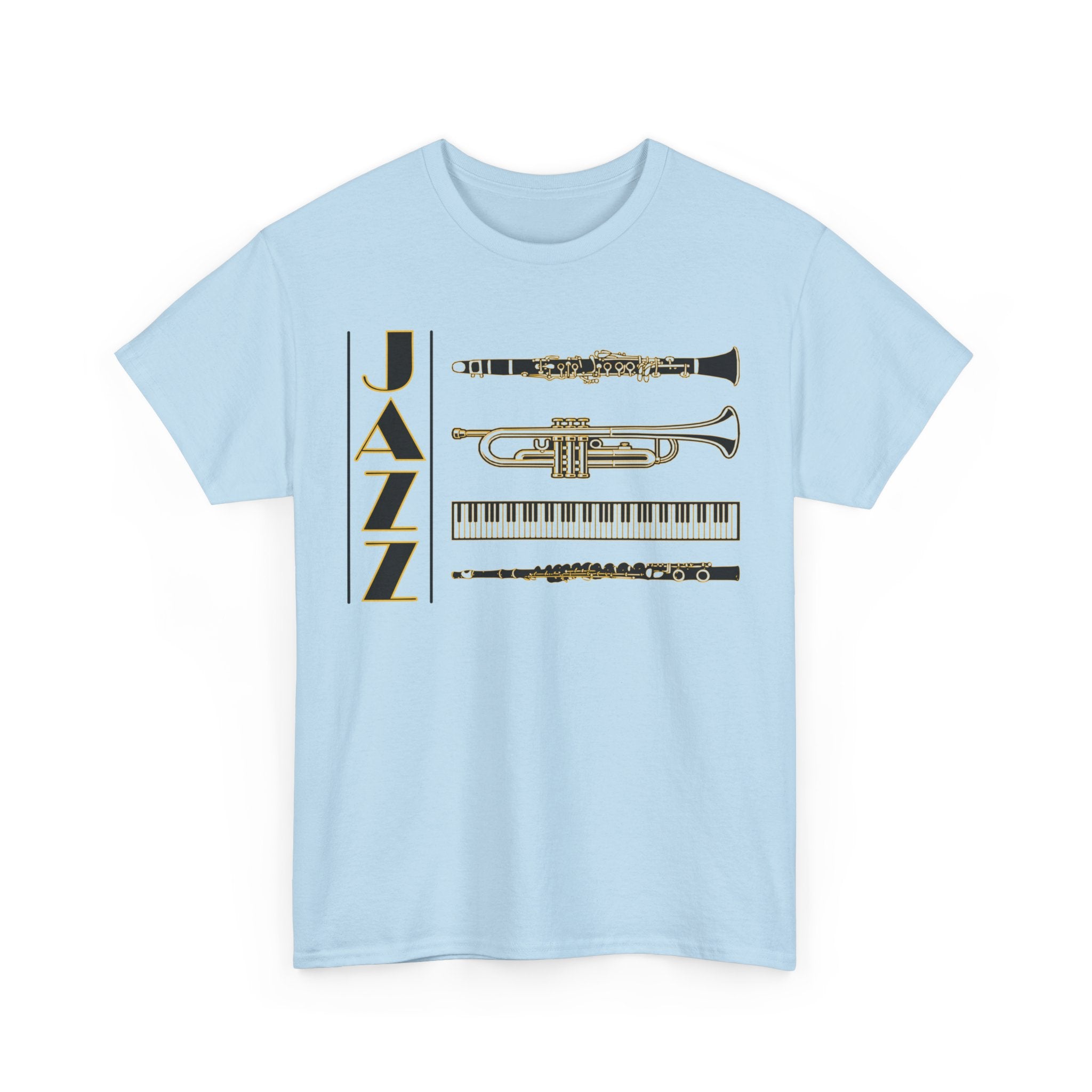 Jazz musical instruments t shirt in various colors with text saying ‘JAZZ’