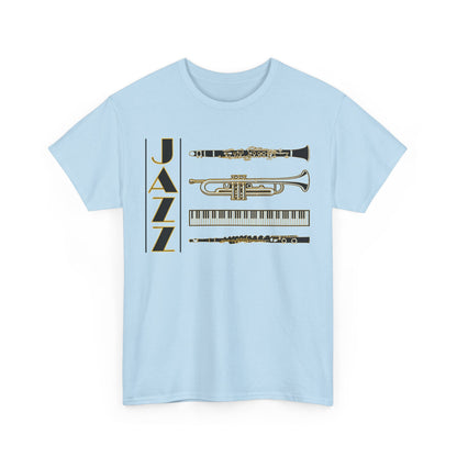 Jazz musical instruments t shirt in various colors with text saying ‘JAZZ’