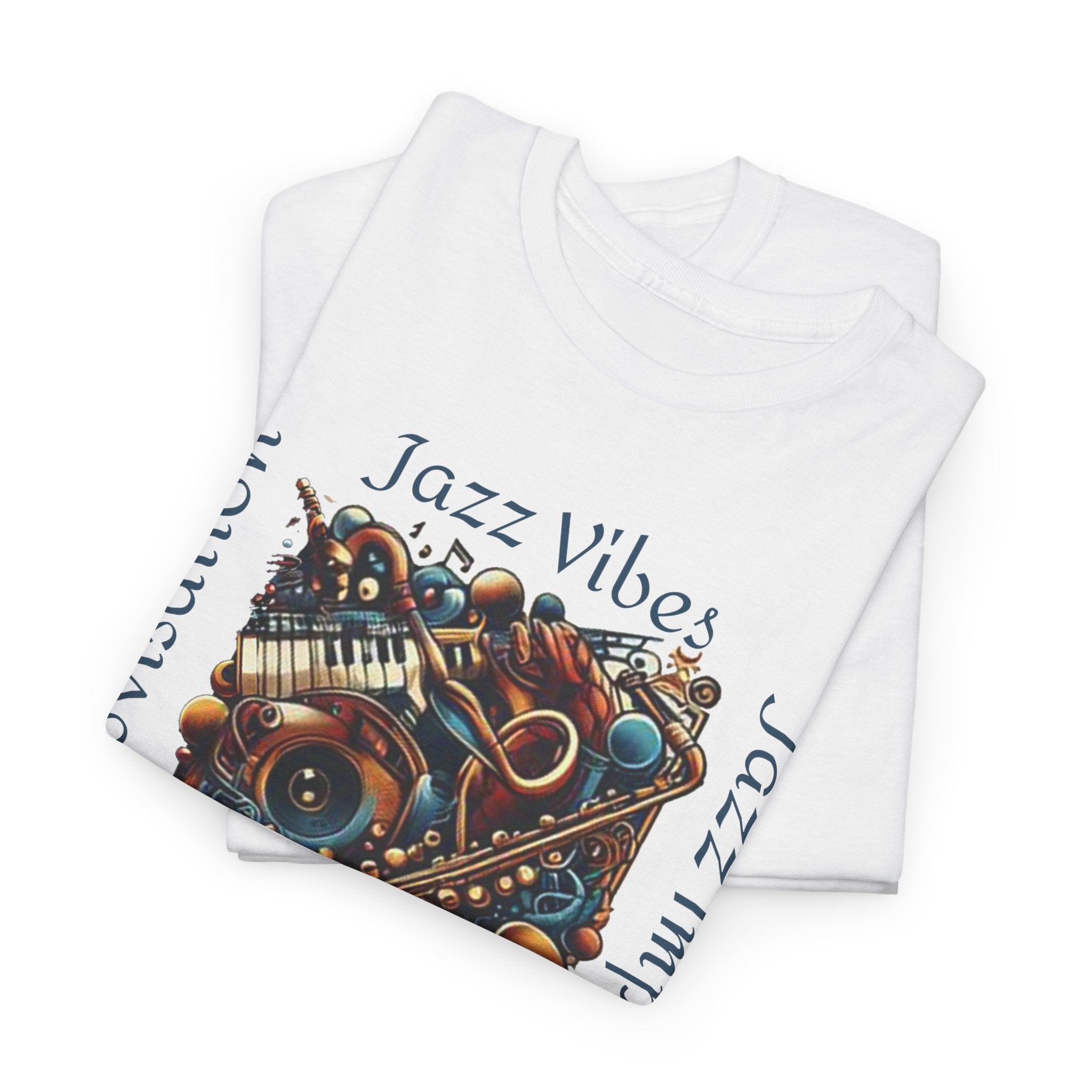 A white t shirt with an abstract jazz music design highlighting a sax and keyboards. The text states ‘Jazz Vibes, Jazz Improvisation.