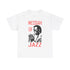 A white t shirt with the silhouette image of Miles Davis playing trumpet. In red text the words ‘Messiah of Jazz’ surrounds the image.