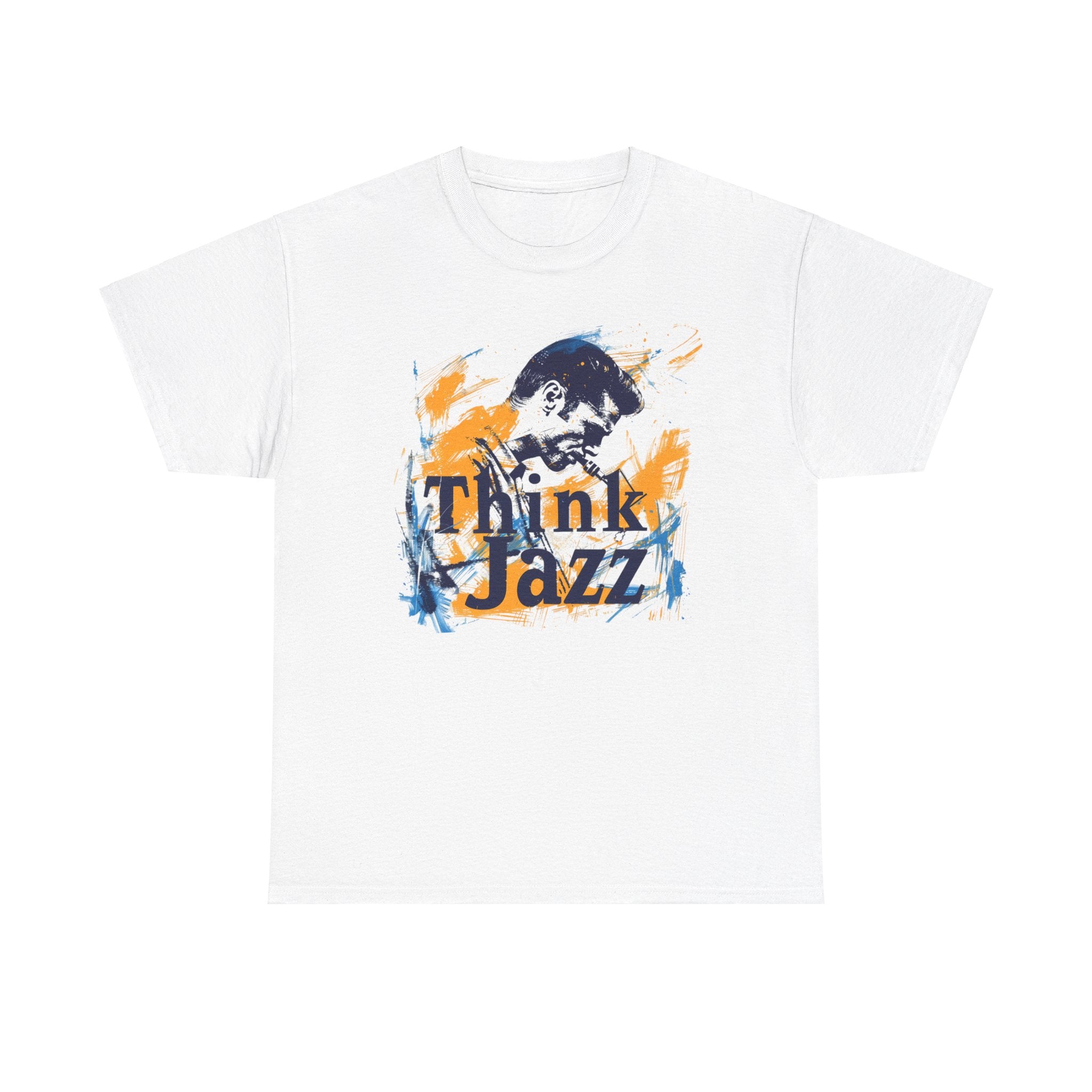 White t shirt with a blue and gold abstract design of a sax player with the words ‘Think jazz’ integrated into the design.