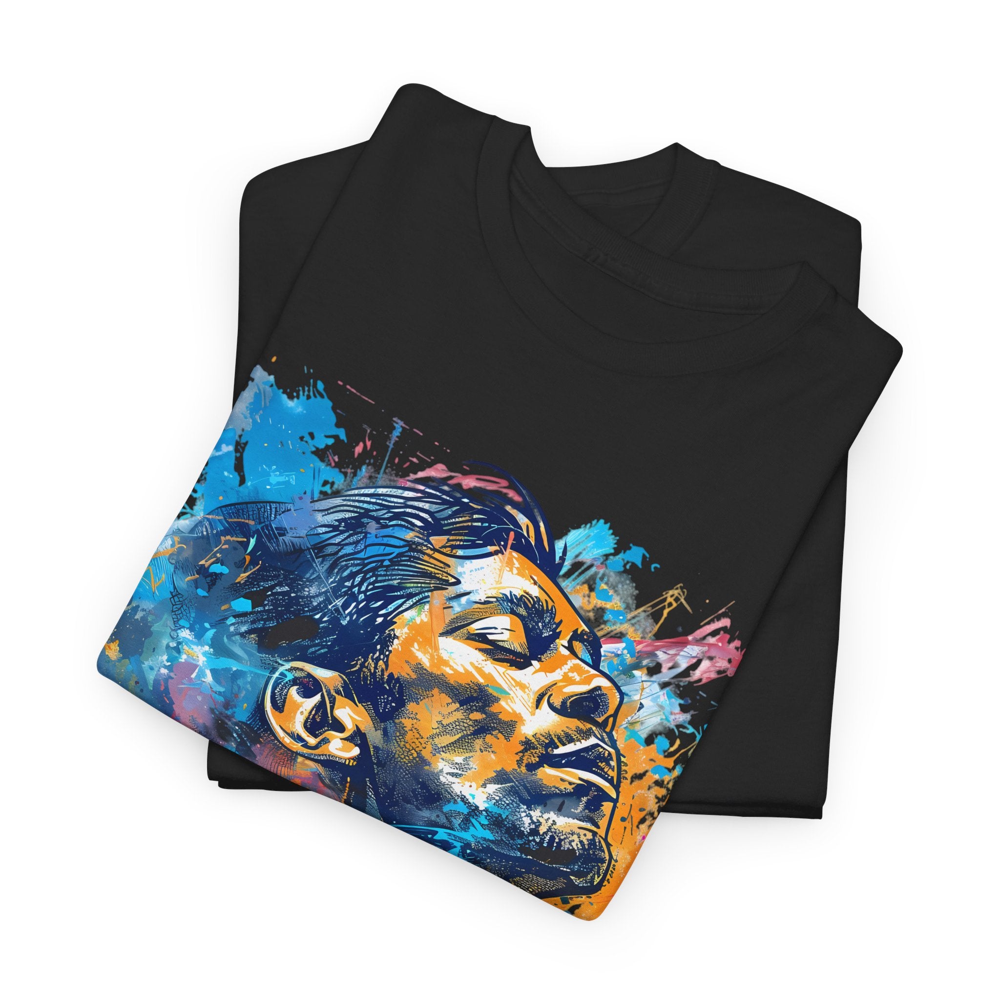 A black or white t shirt with a man looking to the sky with the words ‘Breathe Jazz’ embossed in the image.