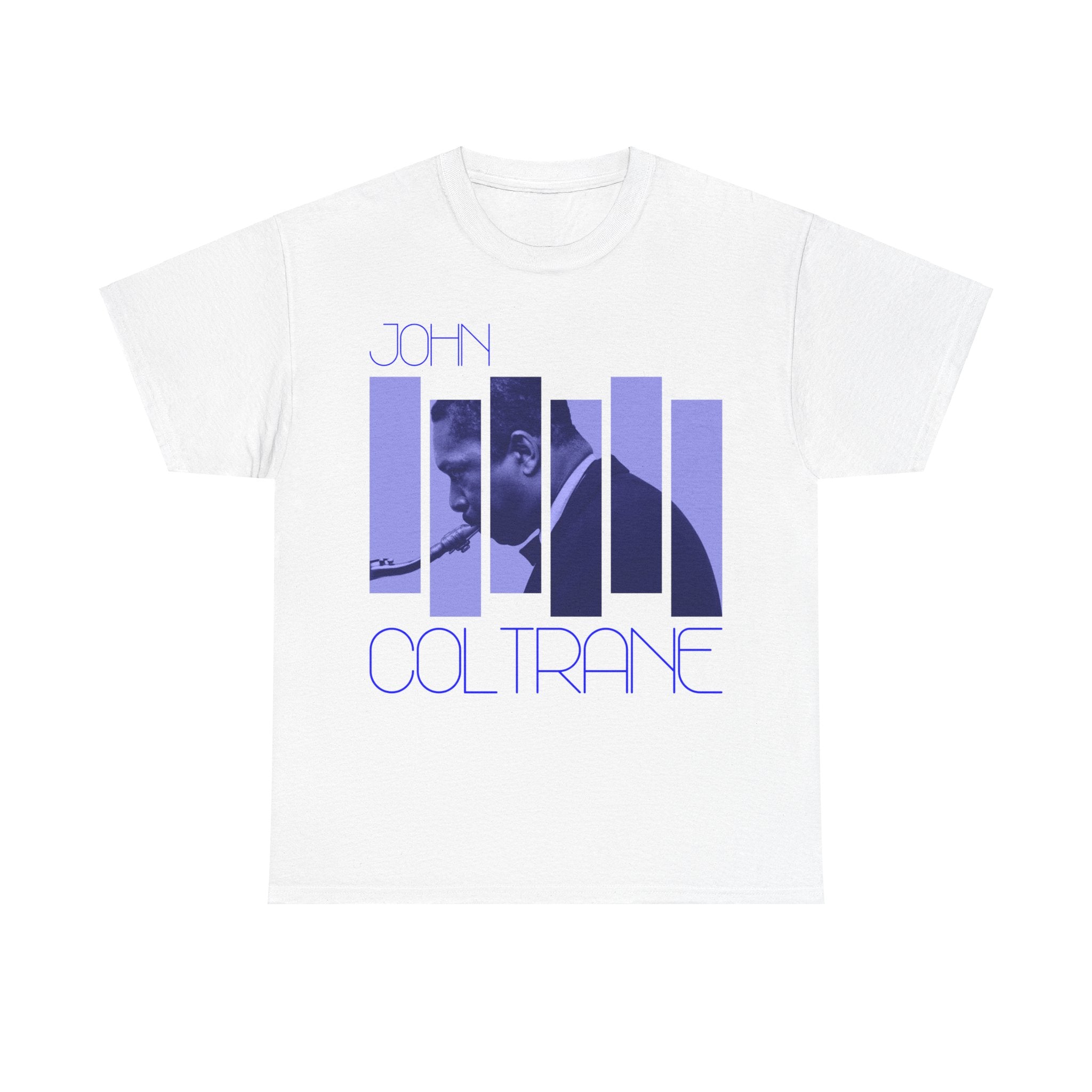 Graphic t-shirt featuring a side view photograph of John Coltrane playing his saxophone, split into blocks and covered in a blue hue, with the artist&