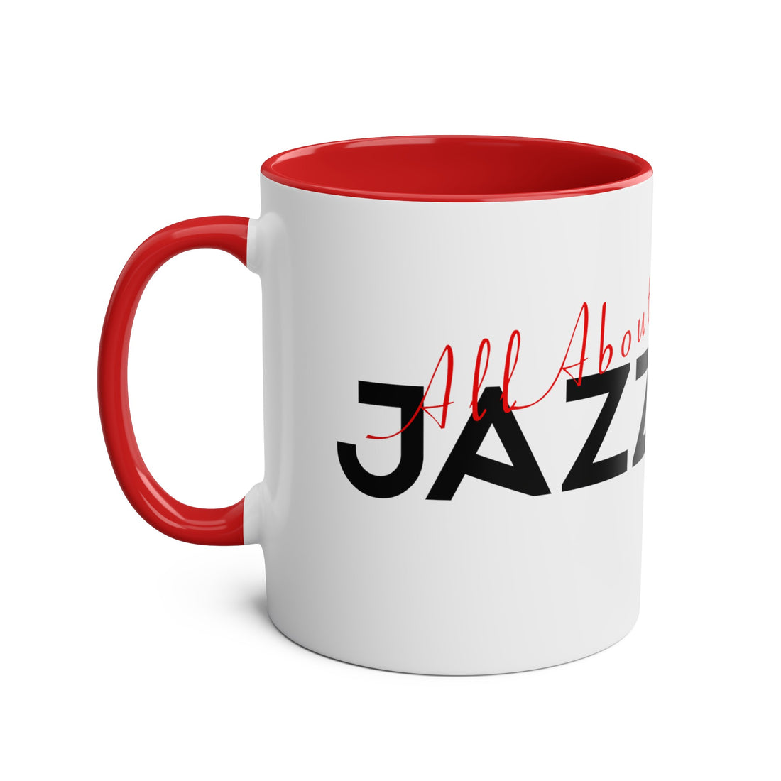 A white coffee mug with text saying ‘All About JAZZ’