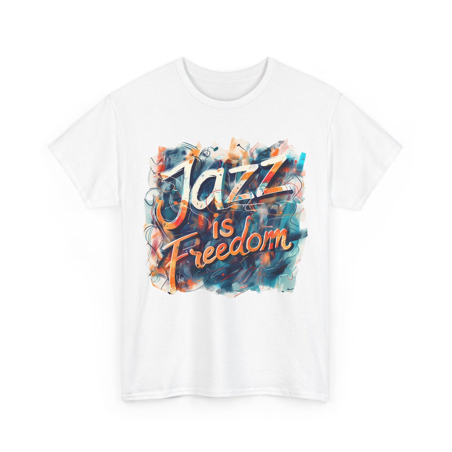 A black or white t shirt with an abstract multi colored design saying ‘Jazz Is Freedom’