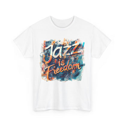 A black or white t shirt with an abstract multi colored design saying ‘Jazz Is Freedom’