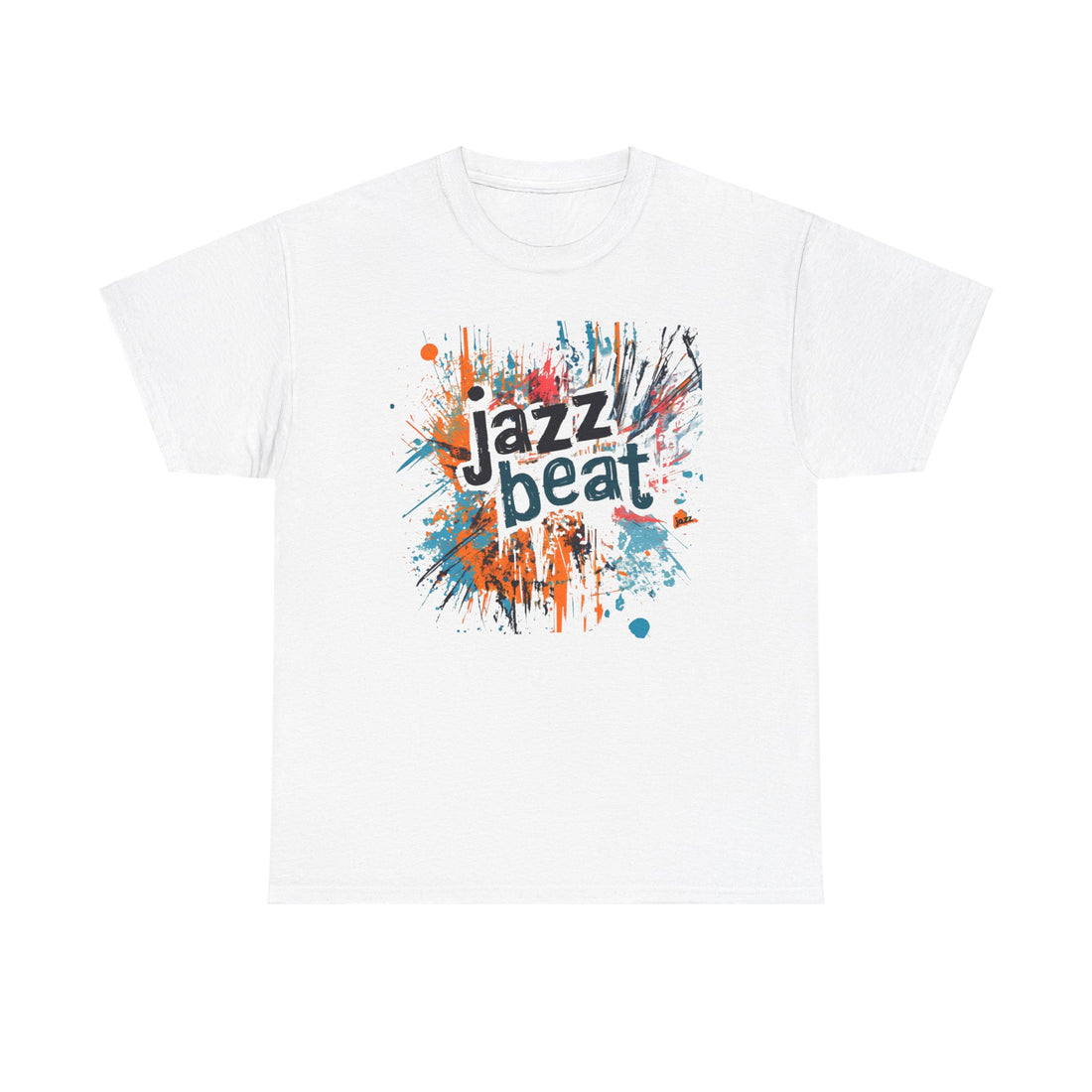 A white t shirt with an abstract blotched paint design with the words ‘Jazz Beat’ incorporated into the image.