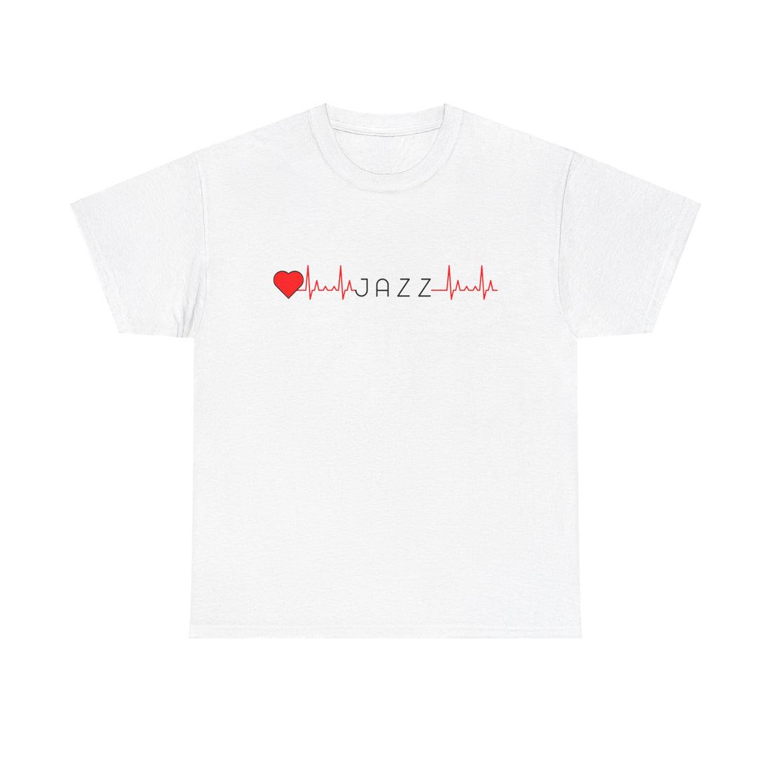 A white jazz inspired t shirt with a ‘Heartbeat Line’ design