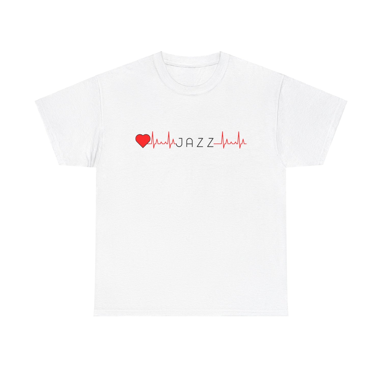 A white jazz inspired t shirt with a ‘Heartbeat Line’ design