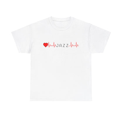 A white jazz inspired t shirt with a ‘Heartbeat Line’ design