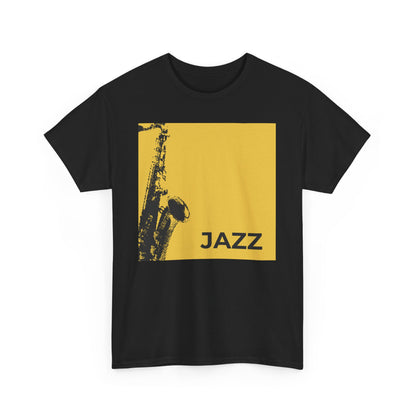 A black or white t shirt with a saxophone design on a light brown square background and the word ‘JAZZ’ emblazoned at the bottom