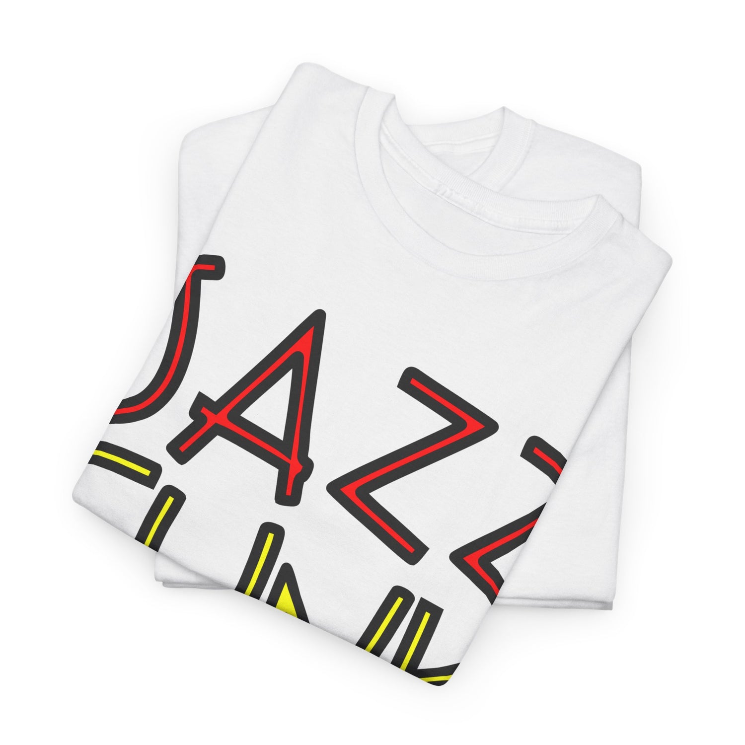 A white t shirt with unusual funky font saying JAZZ, FUNK, SOUL, in red, yellow &amp; green with a black outline.