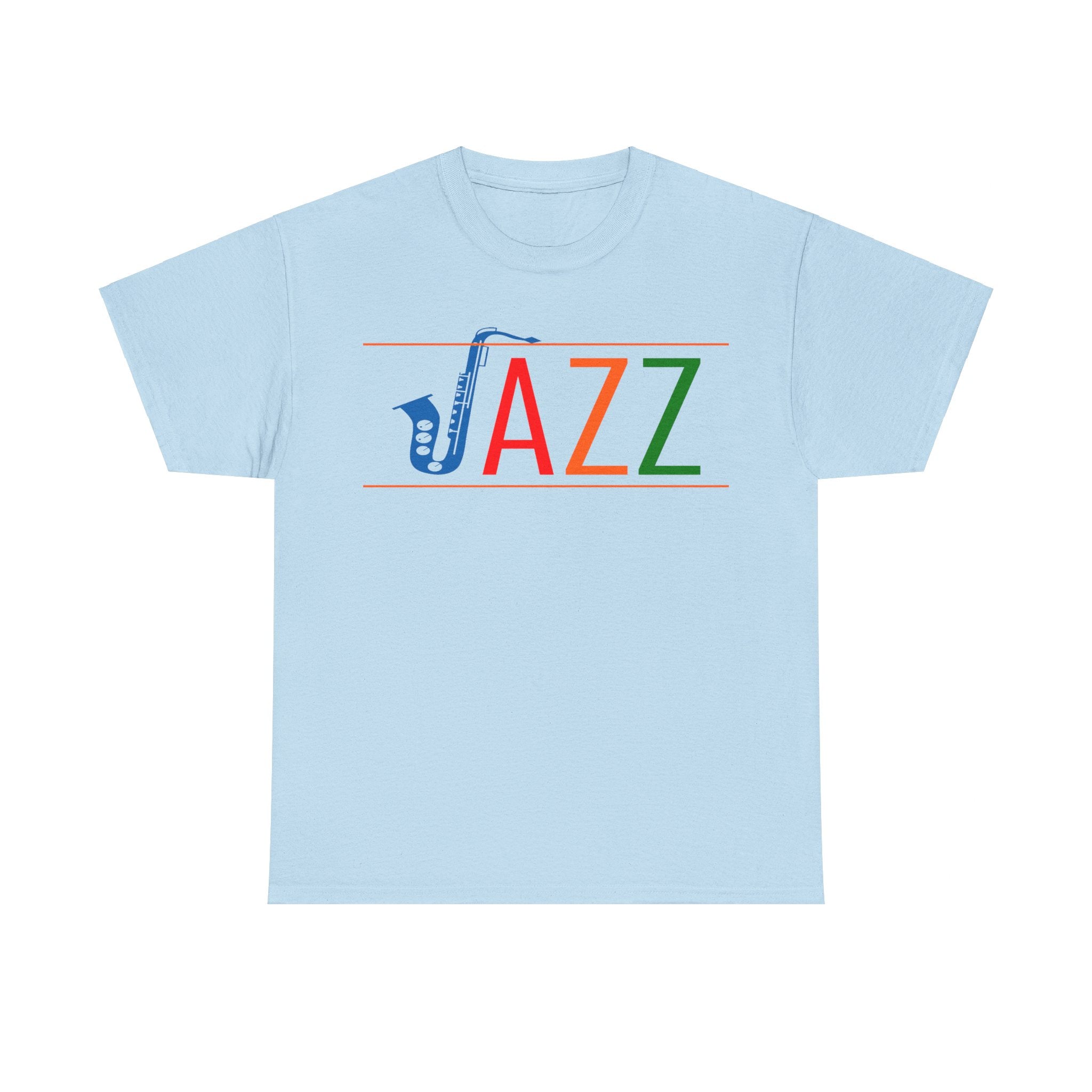 Jazz saxophone t shirt with multi colored text