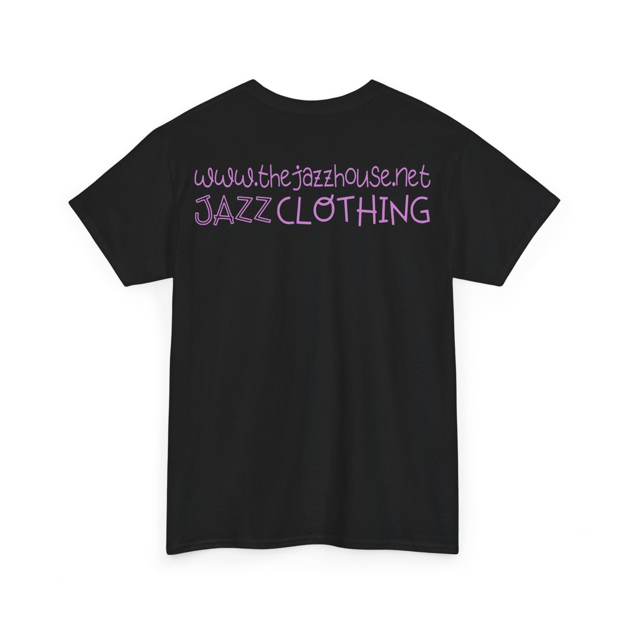 A t-shirt featuring ‘The Jazz House’ logo image of a trumpeter leaning against the wall of The Jazz House club playing, whilst purple smoke rises from his instrument. The scene is set in a dimly lit alley. The rear of the shirt has the website URL with the words ‘Jazz Clothing.’