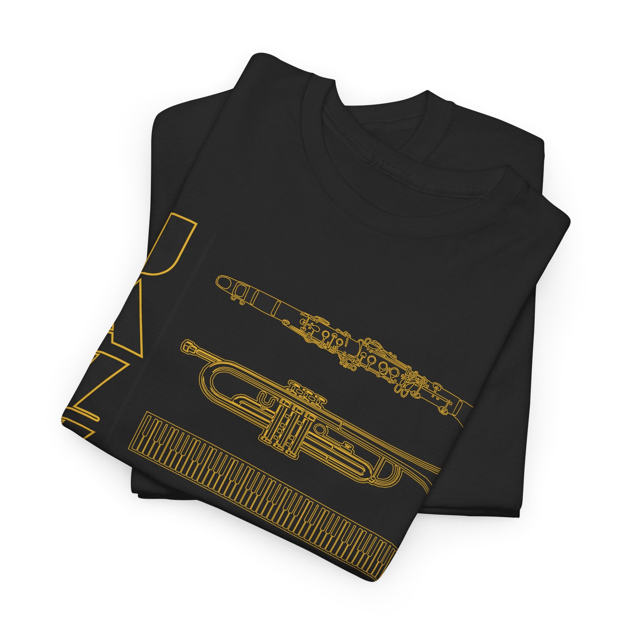 Jazz musical instruments t shirt in various colors with text saying ‘JAZZ’