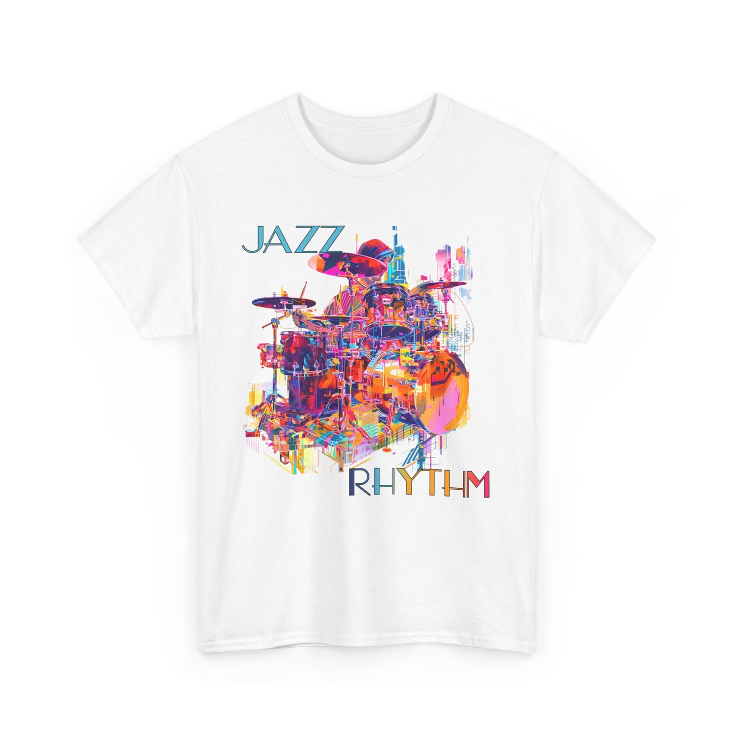 A black or white t shirt with a multi colored design of a drummer playing. The text says ‘Jazz Rhythm’