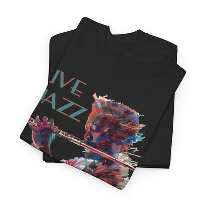 Both black &amp; white colored t shirts with a flute player image. The text over the image says ‘Live Jazz’