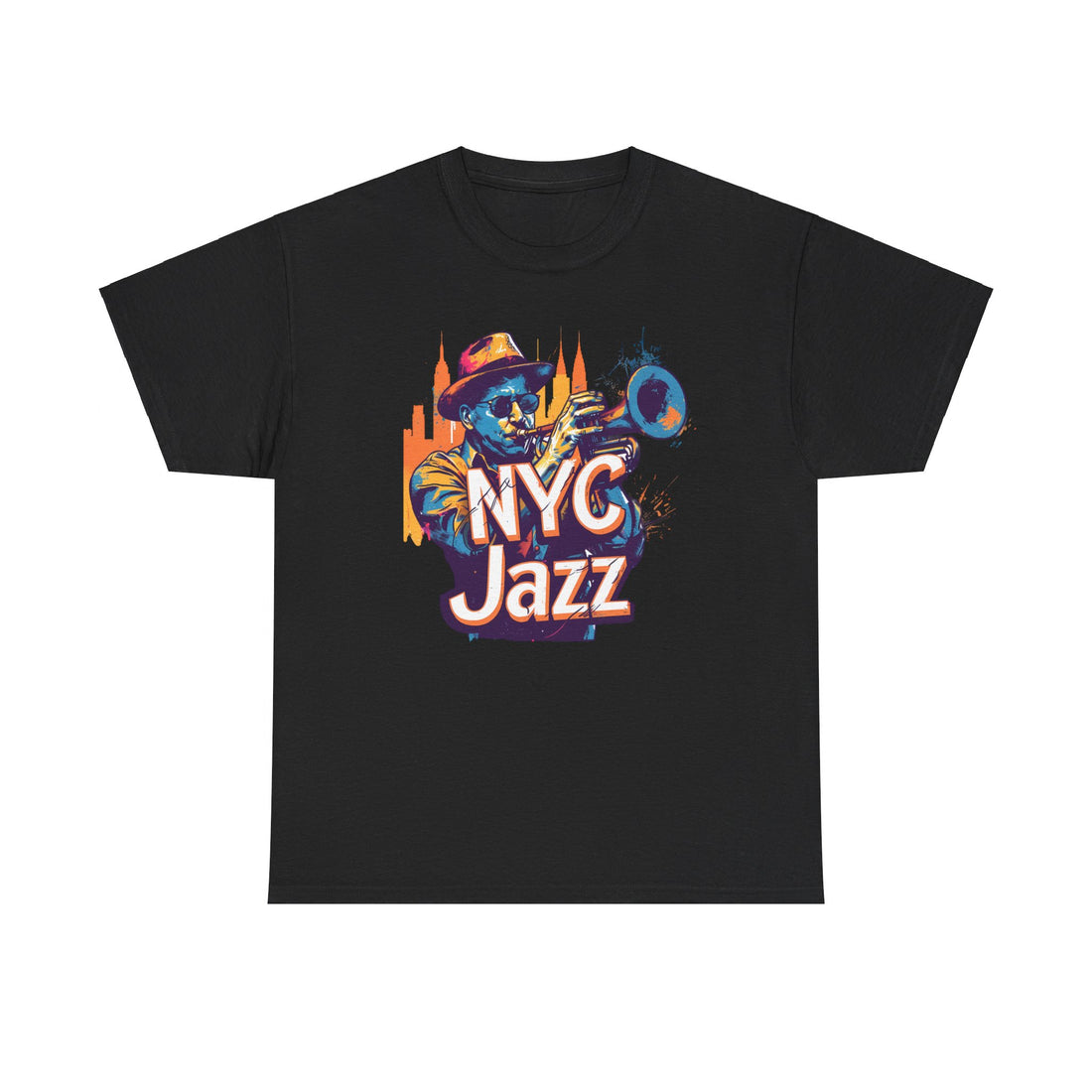 A black or white t shirt with a caricature of a trumpet player with the words ‘NYC JAZZ’ across the design