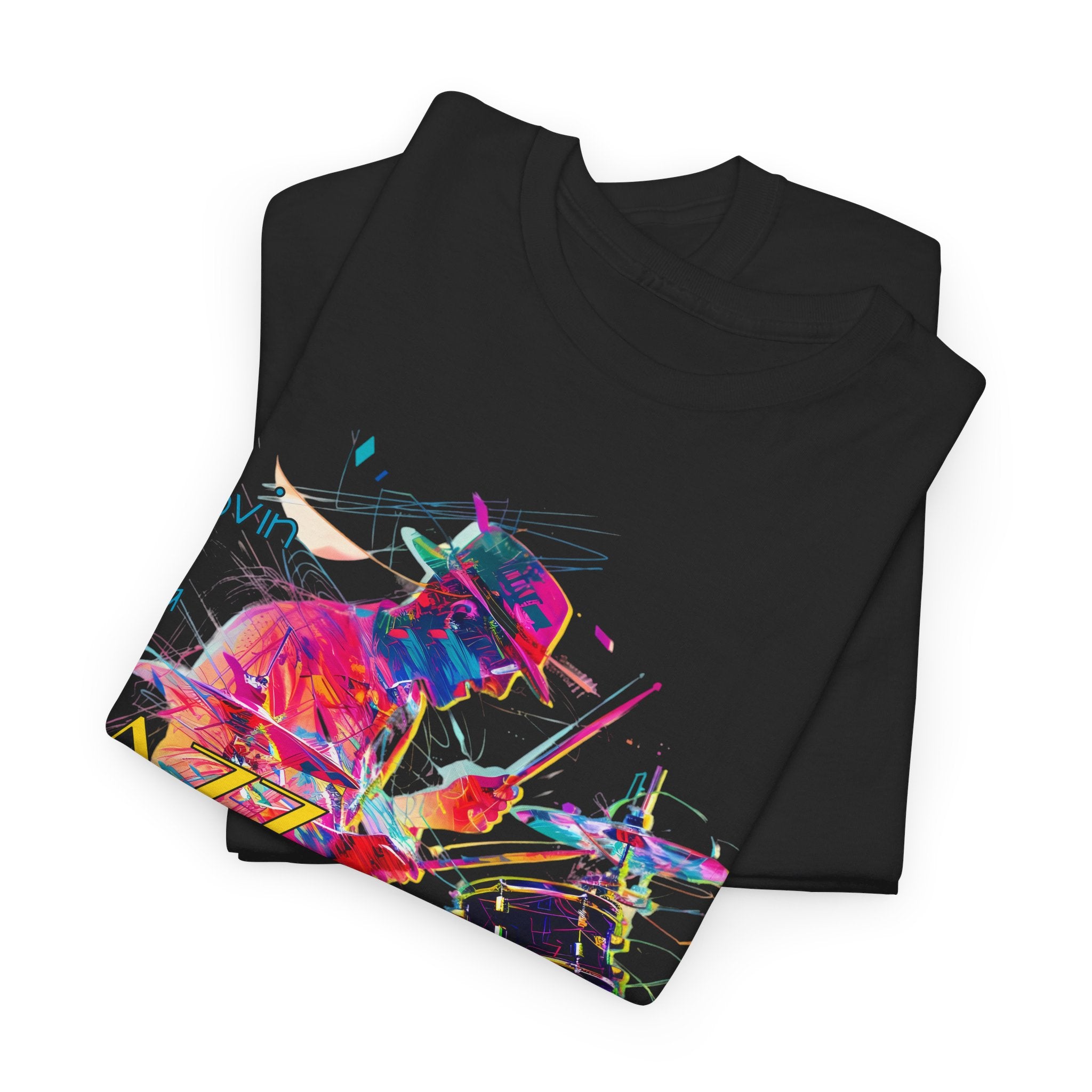 A black or white t shirt with an image of a jazz drummer in vibrant colors. The accompanying text states ‘Lovin a Jazz Beat’