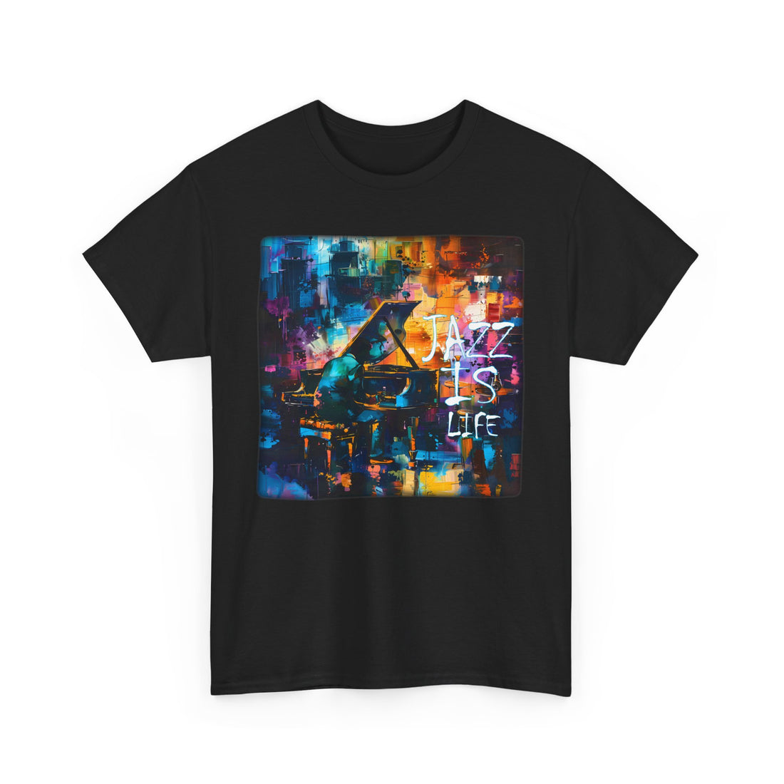 A black t shirt with a painted image of a jazz pianist. The words ‘Jazz Is Life’ are embossed in the image