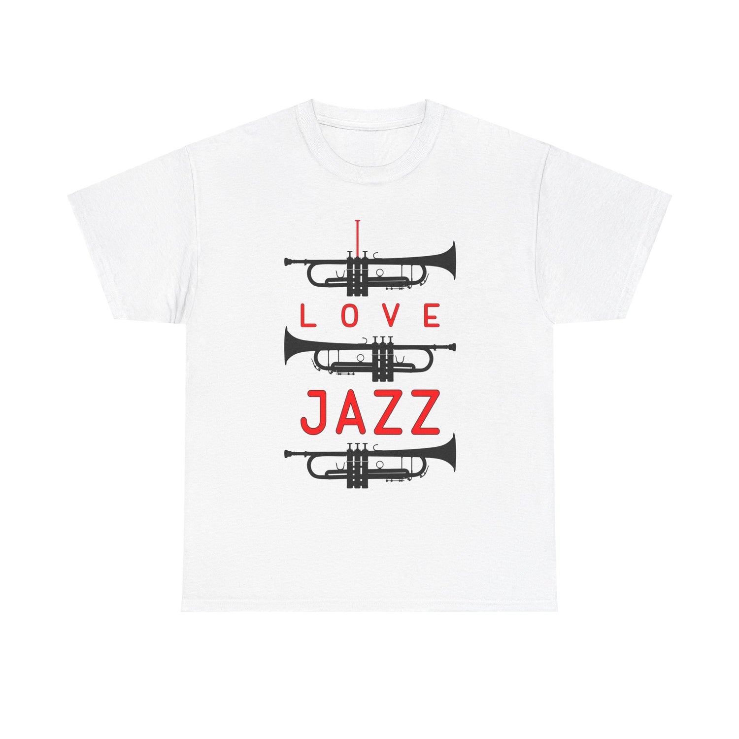 ‘I Love Jazz’ t shirt with big text and three trumpet silhouettes