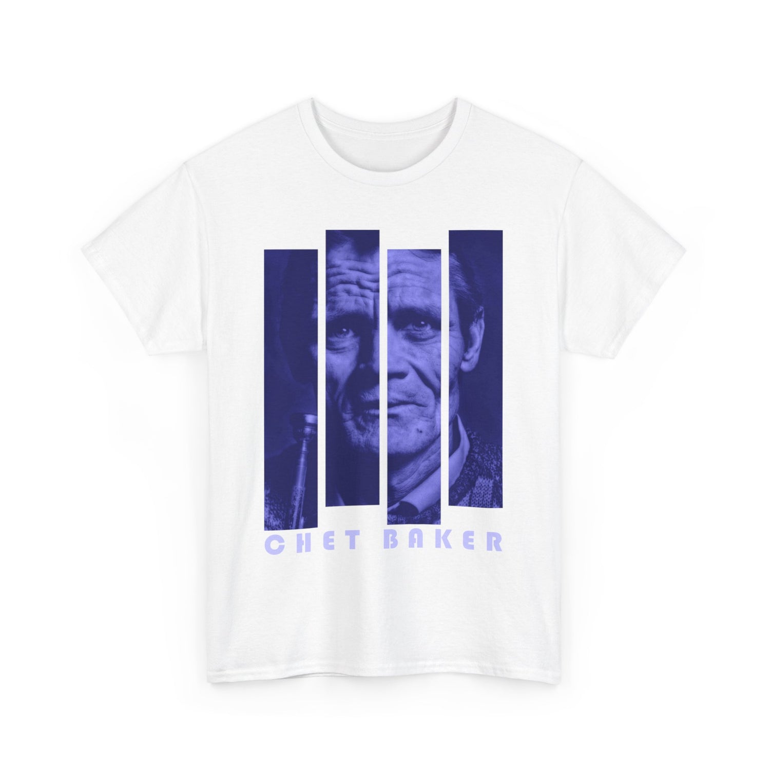 A black or white t shirt with a photographic image of Chet Baker in blue blocks with his name underneath