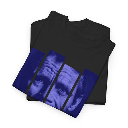 A black or white t shirt with a photographic image of Chet Baker in blue blocks with his name underneath