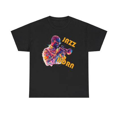 A black or white t shirt with a trumpet player in a multi colored image. The words across the image say ‘Jazz Horn’