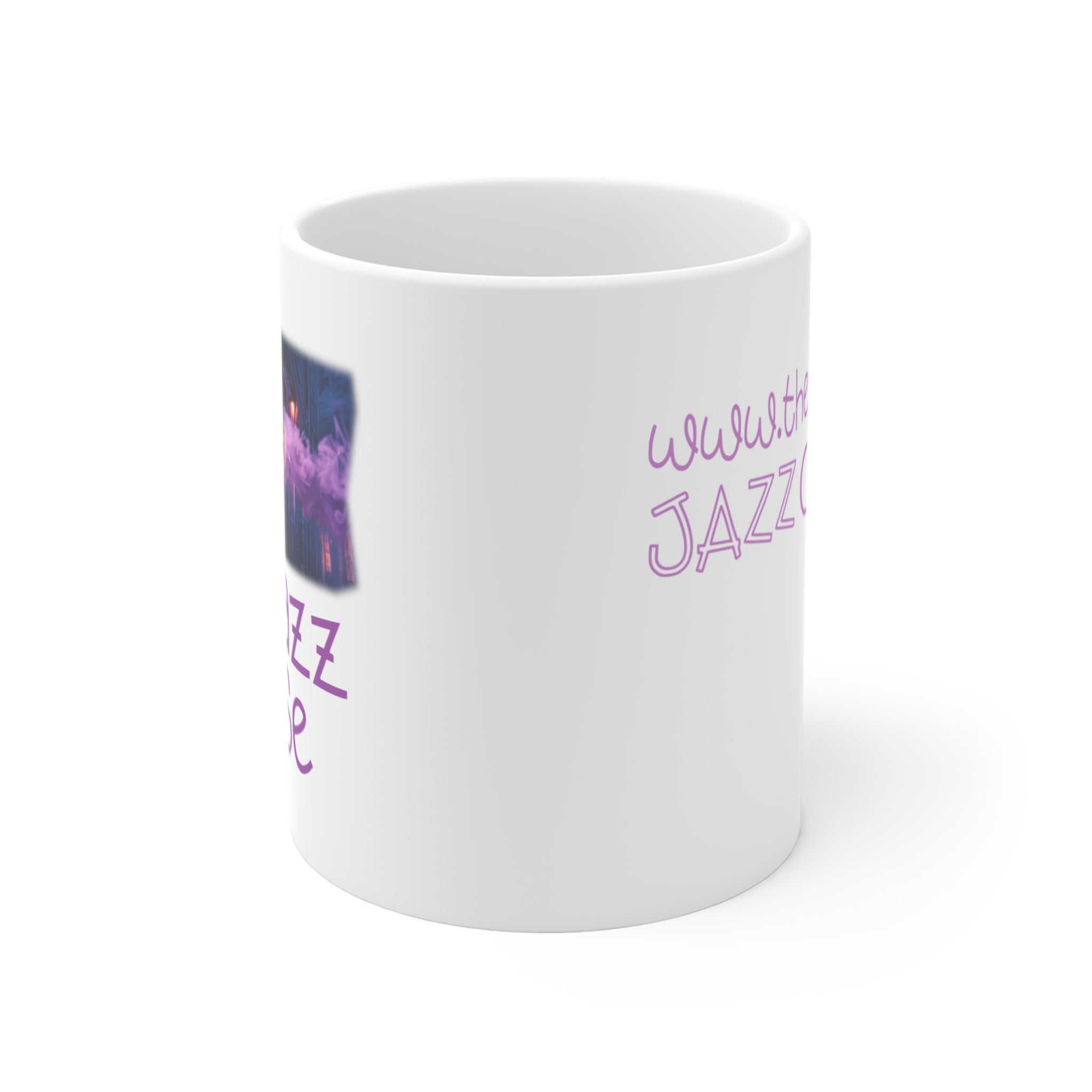 A coffee mug featuring ‘The Jazz House’ logo image of a trumpeter leaning against the wall of The Jazz House club playing, whilst purple smoke rises from his instrument. The scene is set in a dimly lit alley. The rear of the mug has the website URL with the words ‘Jazz Clothing.’