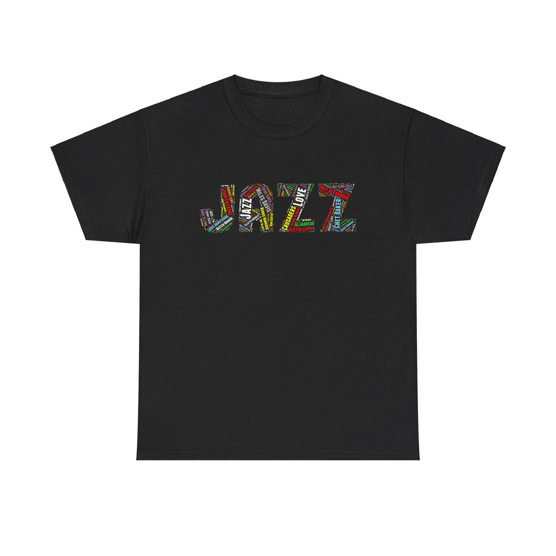 A black t shirt with multi colored word art text promoting jazz music’s great artists displayed within the word ‘JAZZ’ 