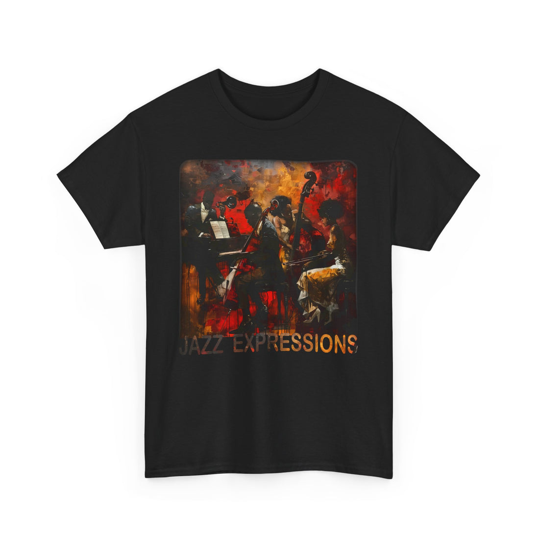 Black t shirt with painting of a classic jazz band. With the words &