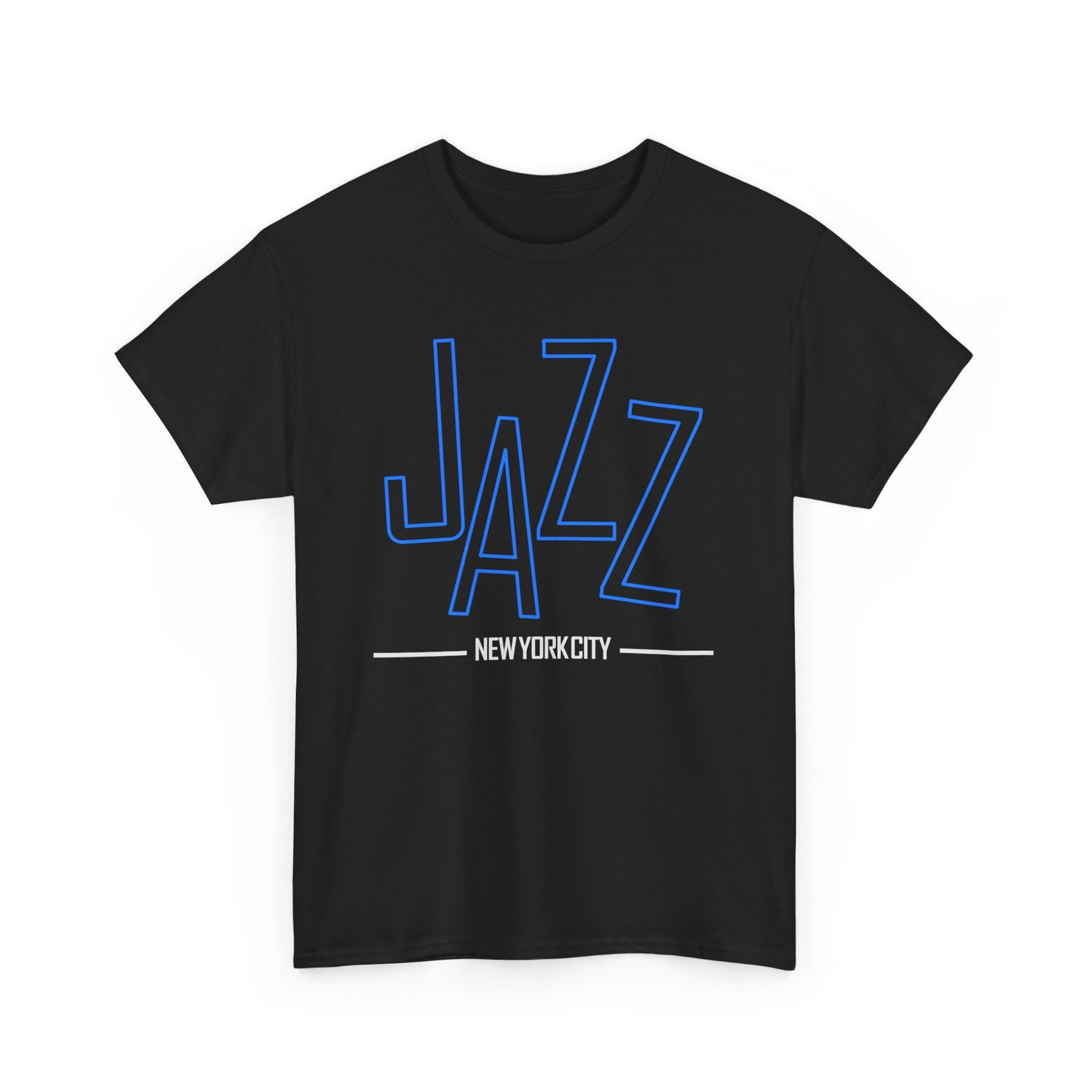 A black t shirt with an outline of the word ‘JAZZ’ in blue color. Underneath in white are the words ‘New York City’