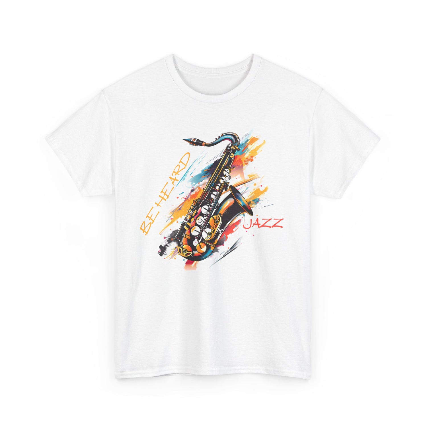 A black or white t shirt with a saxophone image. The words ‘Jazz, Be heard’ surround the image.