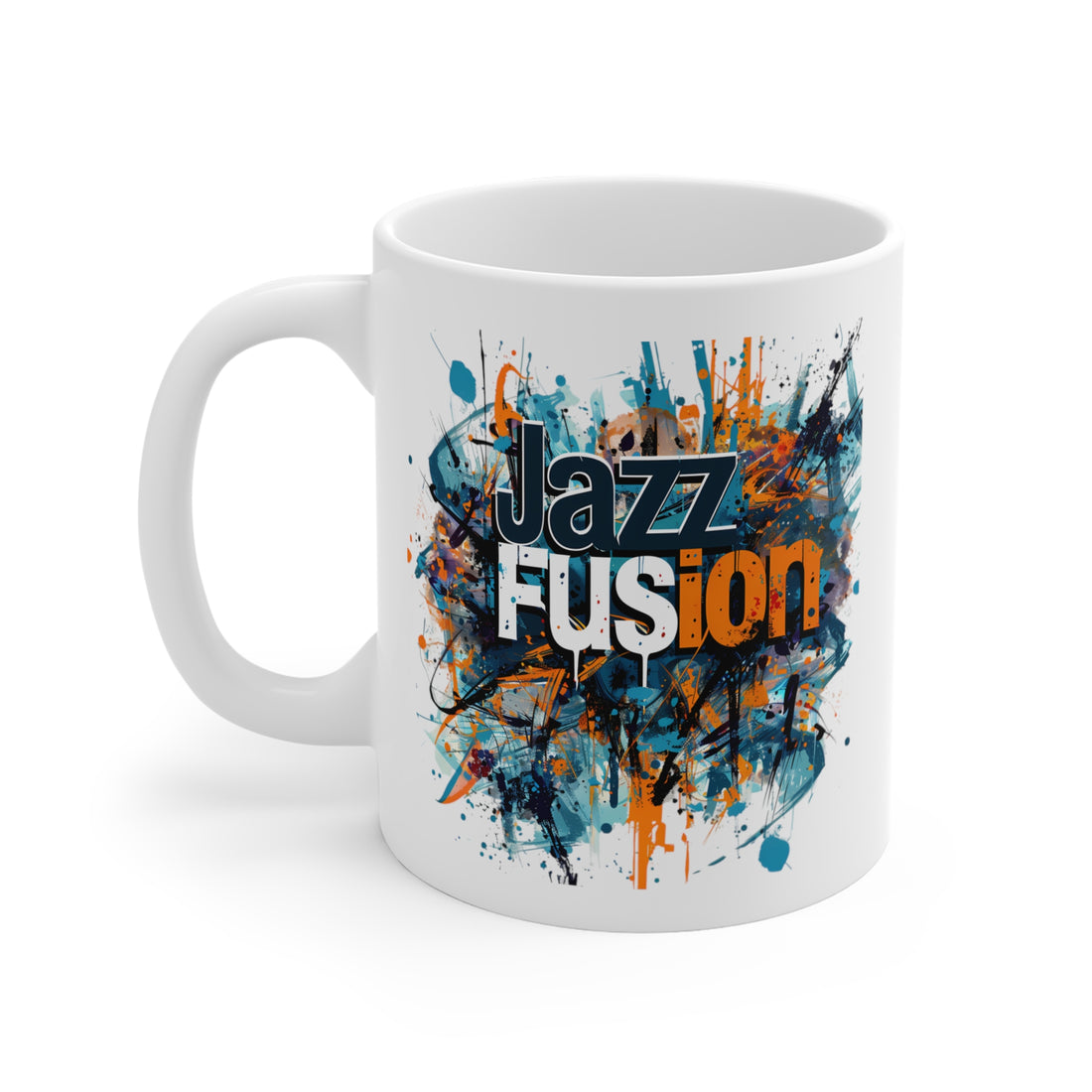 A white coffee mug with an abstract design like blotched paint image the text states ‘Jazz Fusion’