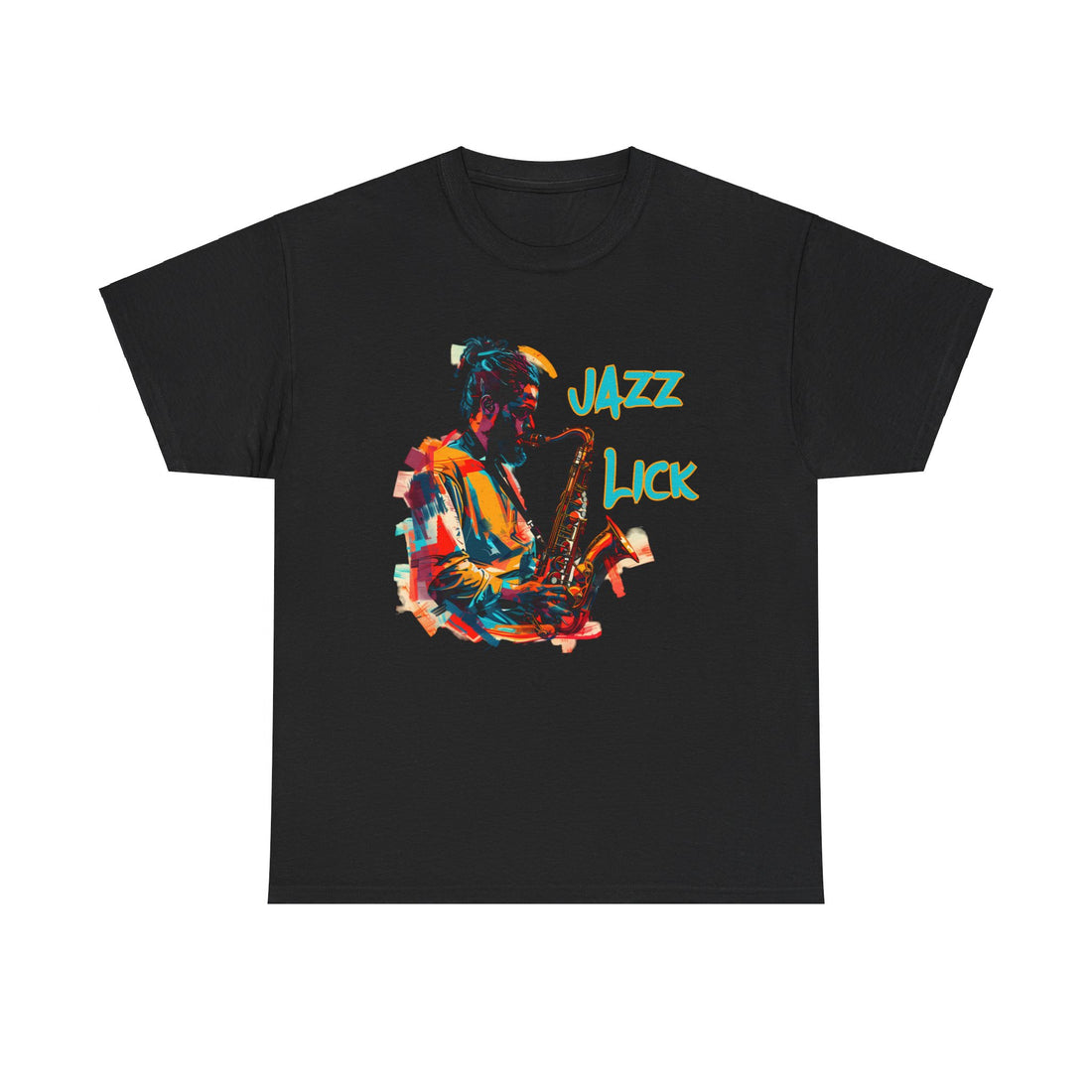 A black tee with a retro image of a jazz sax player. The text states ‘Jazz Lick’